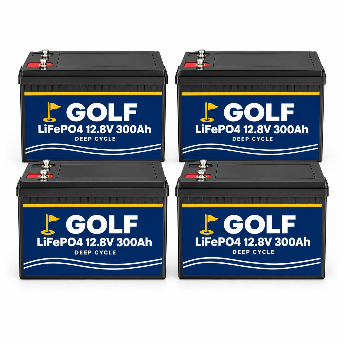 Fyra golfbilsbatterier LiFePO4 12,8 V 300 Ah med golfetikett