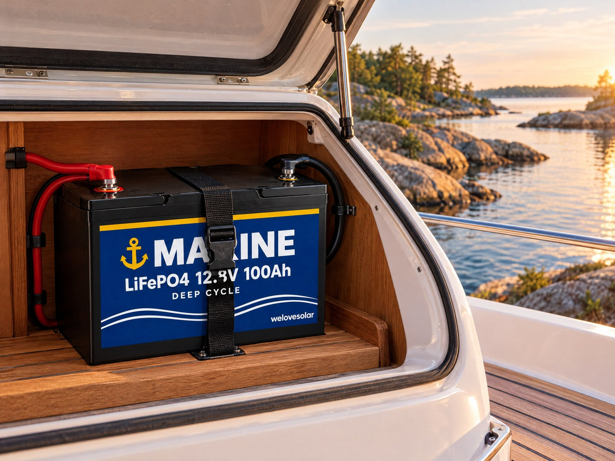 Marinbatteri fastspänt i en sittbrunnsbox på en segelbåt i skärgården