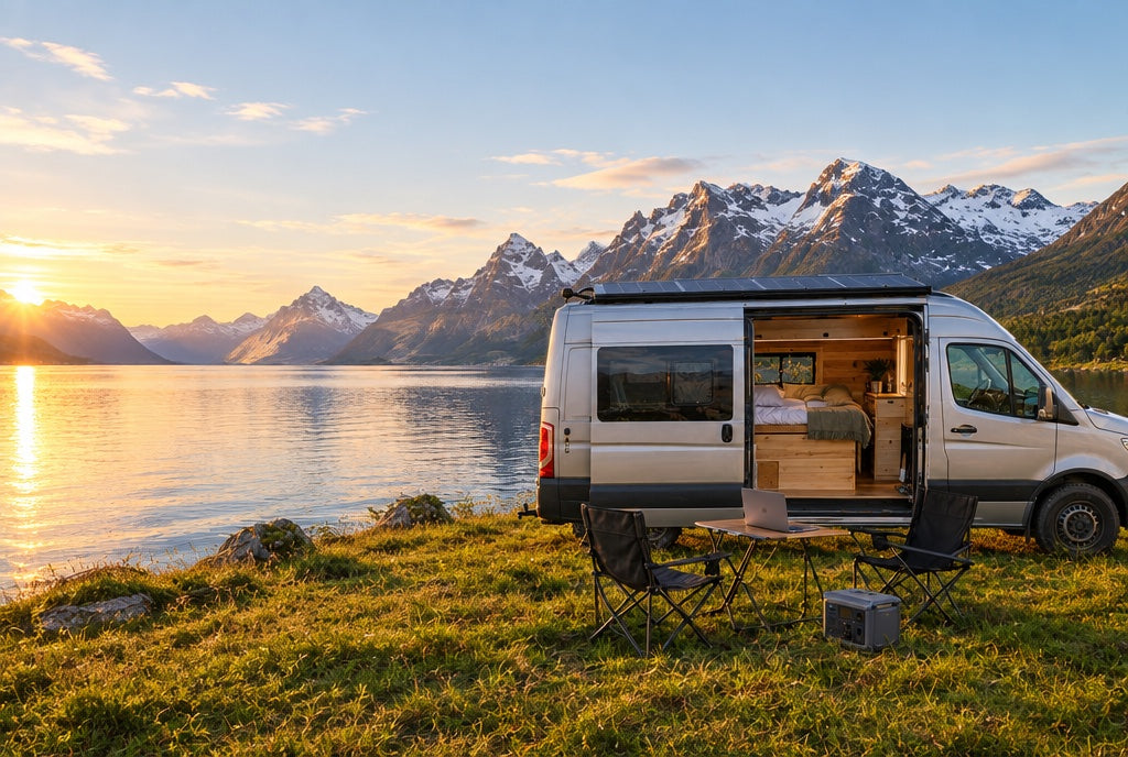 Silverfärgad husbil med solpaneler på taket vid en fjällsjö i kvällssol, med campingstolar och ett batteri på gräset