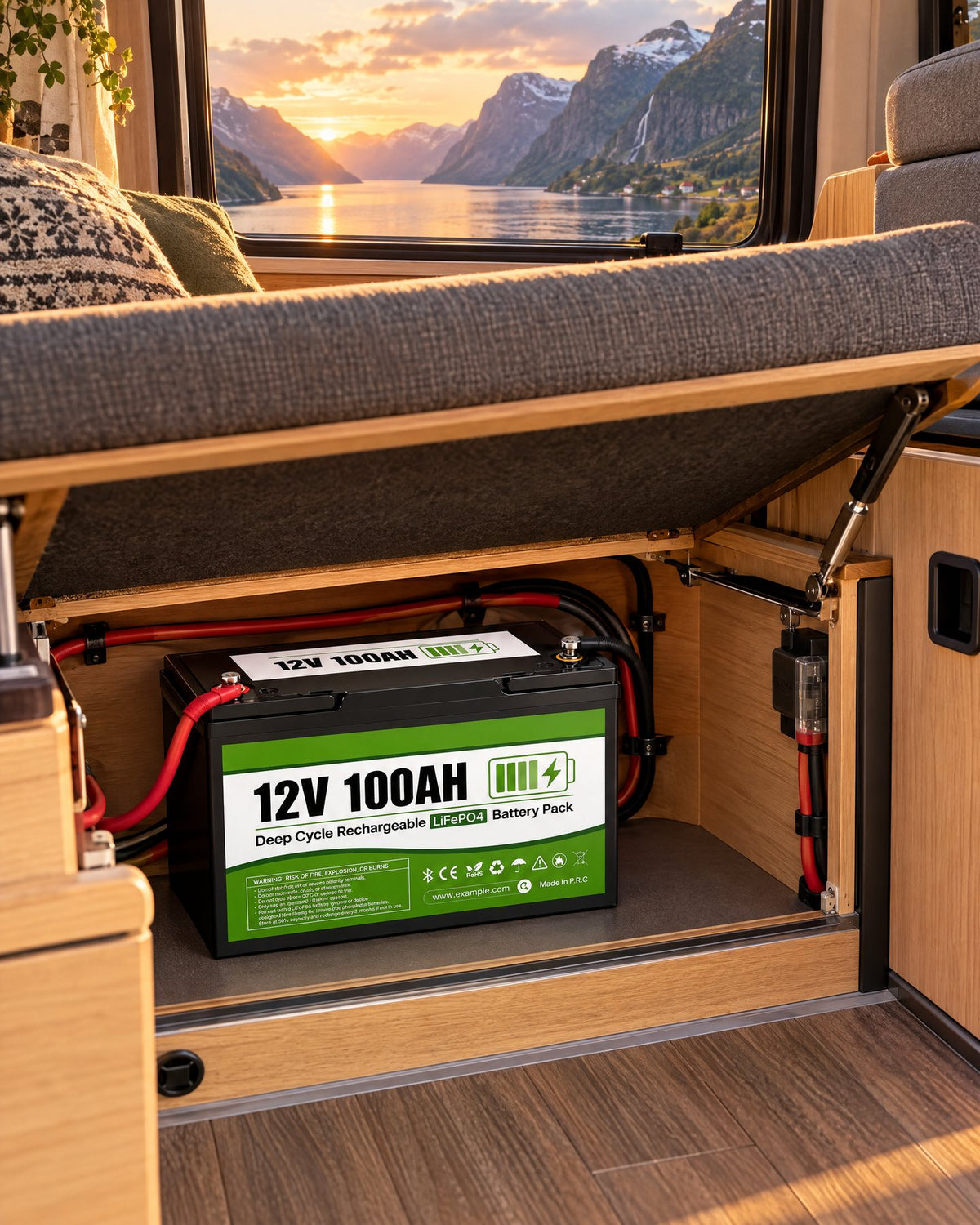 LifePo4 100Ah batteri BT installerat i facket under bänken i en husbil vid en fjord