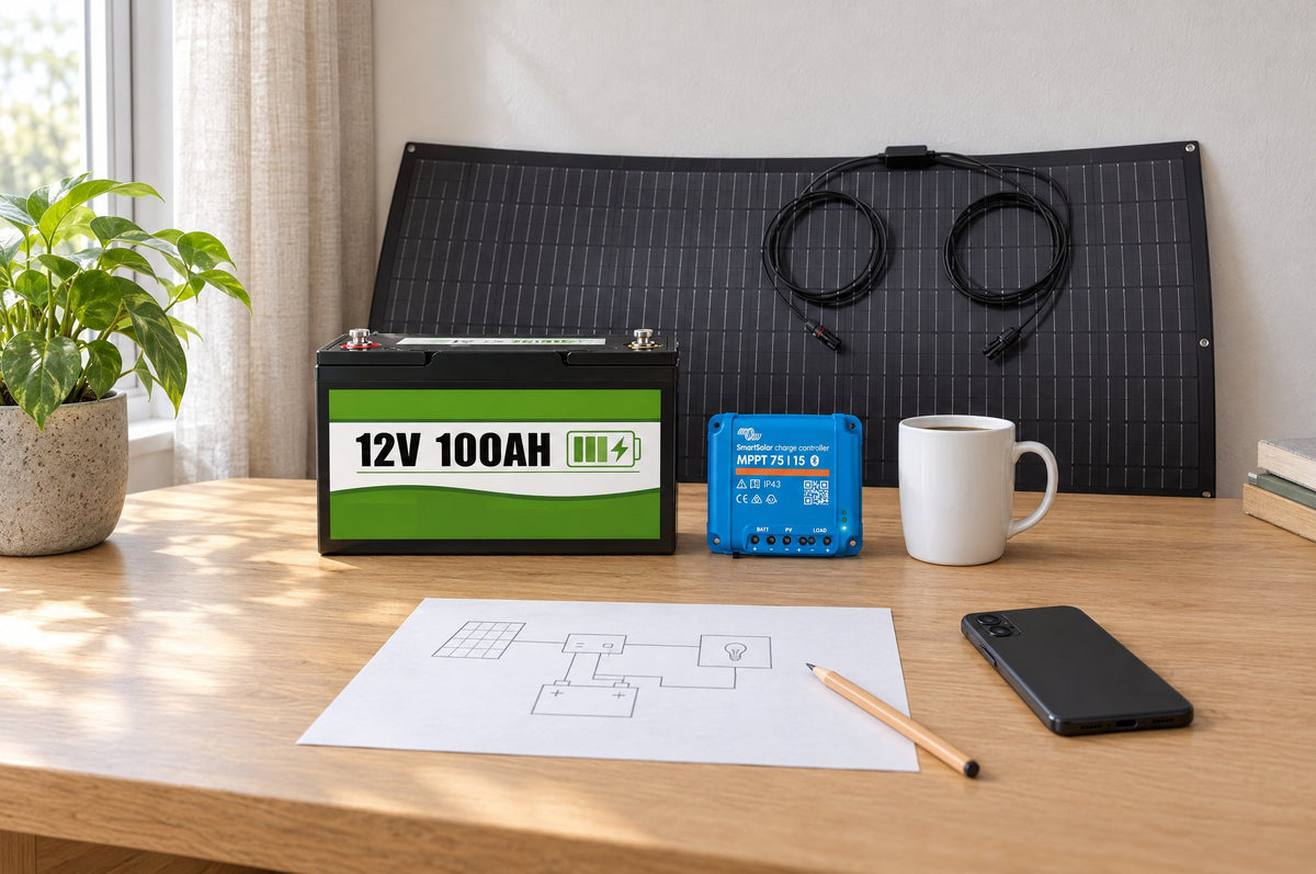 Skrivbord i dagsljus med ett LiFePO4-batteri, en liten Victron SmartSolar-regulator och en kaffekopp på rad, en flexibel solpanel mot väggen och ett enkelt kopplingsschema i förgrunden