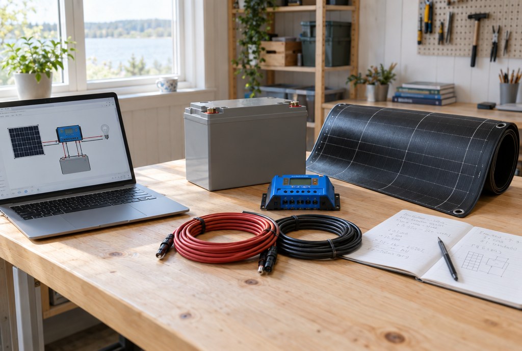 Arbetsbänk med dator som visar ett kopplingsschema, batteri, solpanel och regulator