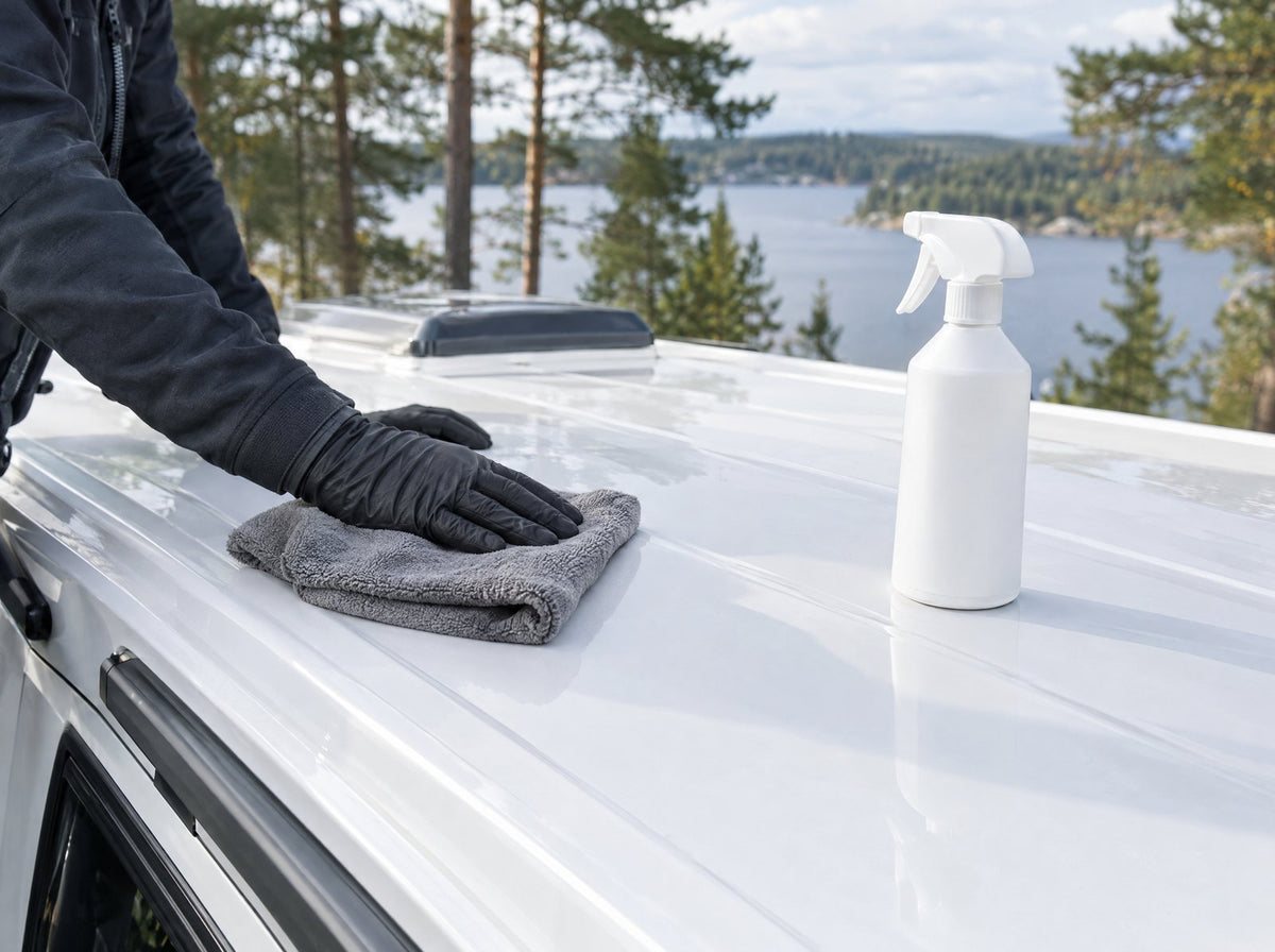Husbilens tak rengörs med trasa och rengöringsmedel före limning
