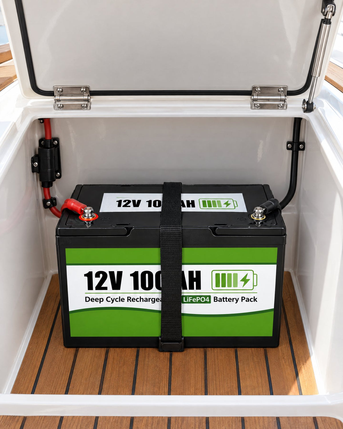 Litiumbatteri 12 V 100 Ah fastspänt i ett batterifack på en segelbåt, med röd kabel och säkring på pluspolen och svart kabel på minuspolen