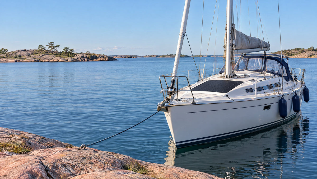 Vit segelbåt förtöjd vid en klippö i skärgården med en flexibel solpanel på ruffen