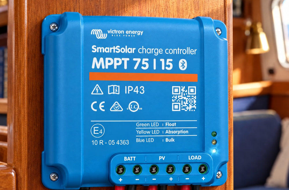 Victron SmartSolar MPPT 75/15 solcellsregulator monterad på ett skott av teak inne i en segelbåt
