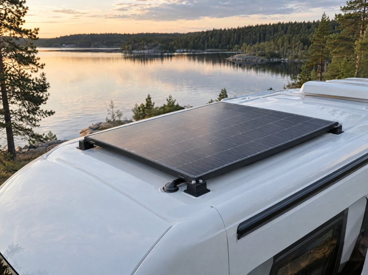 Solpanel på hörnfästen på taket av en vit husbil vid en sjö