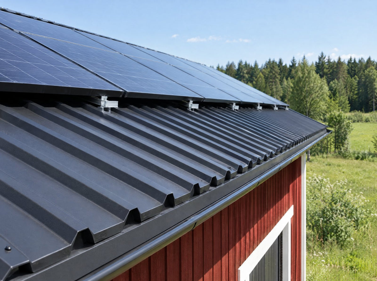 Svart trapetsplåt på en röd lada med solpaneler på korta skenor